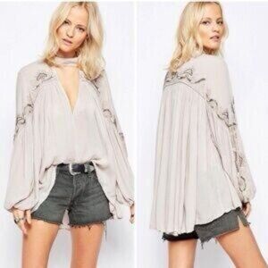 FREE PEOPLE Flowy Blouse XS Oversized Rayon Long Sleeve Boho Top Beaded Beige